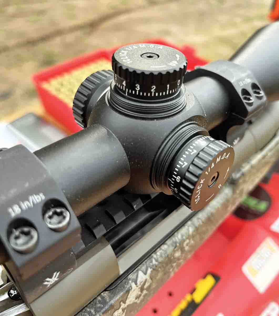 The turrets on Riton’s 1 Primal 4-16x 44mm scope are covered by aluminum screw caps, but once uncovered, they function perfectly for dialing corrections for long-range shooting.